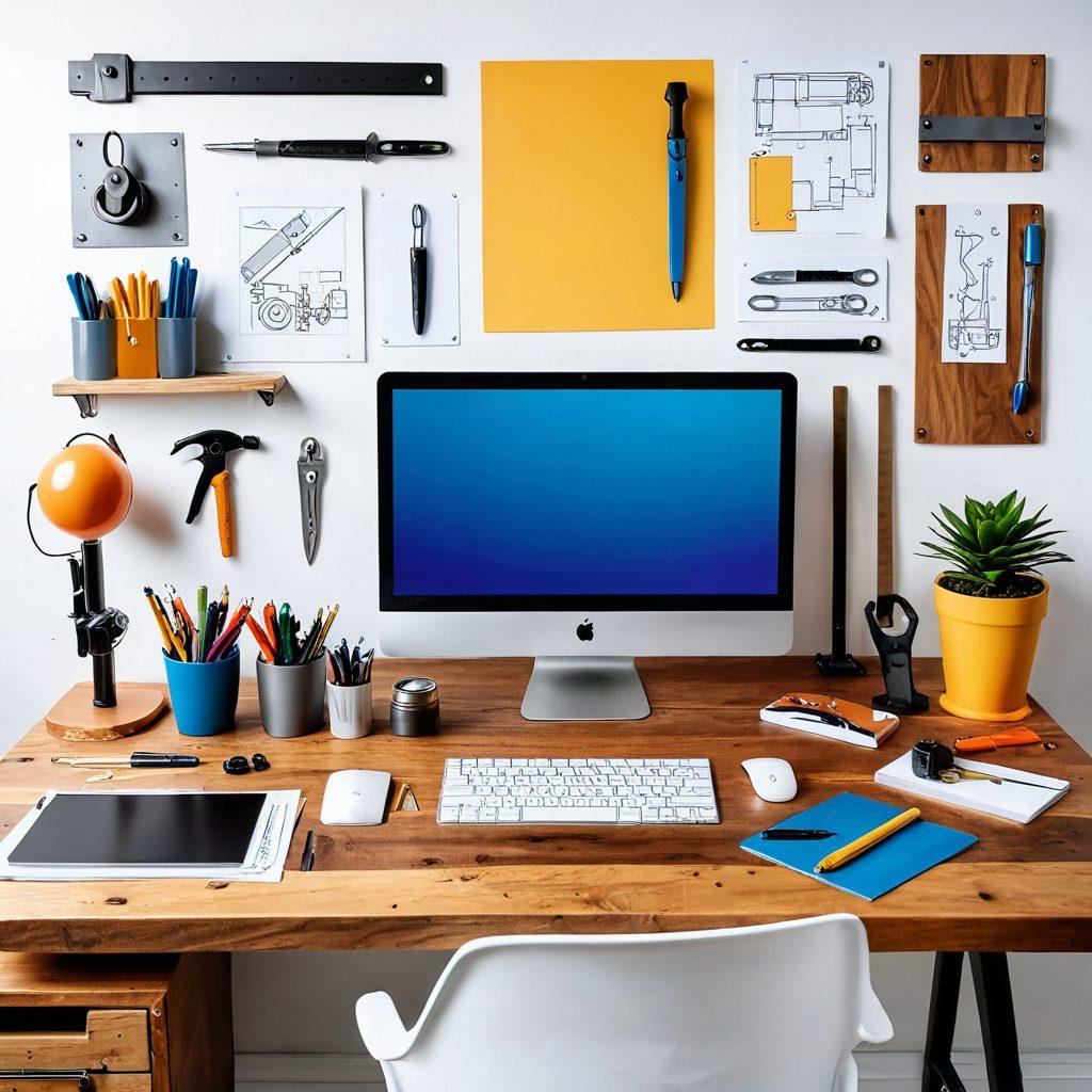 A dynamic workspace featuring a variety of innovative clamping tools in action, showcasing their versatility across different projects. Include a bright, modern background with a blend of wood and metal textures, highlighting the clamping solutions in use on wood, metal, and plastic materials. Add a few creative sketches or blueprints of projects in the surrounding area to emphasize creativity. super-realistic. vibrant colors. white background.