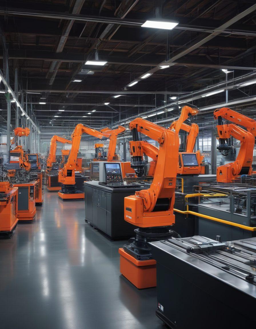 A modern industrial setting showcasing a variety of clamptite products expertly integrated into machinery. Highlight the versatility of clamptite with labeled benefits such as durability and ease of use. Include dynamic lighting to emphasize the metallic textures and a background of bustling factory operations. Capture the innovation in hardware systems with an engaging, educational feel. super-realistic. vibrant colors. industrial theme.