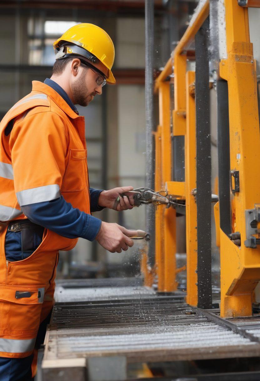 A dynamic construction scene featuring a modern metallic clamptite fastening solution being employed by diverse construction workers. Highlight the effectiveness and versatility of the product amidst a backdrop of industrial machinery and scaffolding. Include close-up shots of the clamptite in action, showcasing its secure grip and ease of use. Bright, energetic colors and a busy yet organized atmosphere convey innovation and productivity. 3D rendering. vibrant colors.